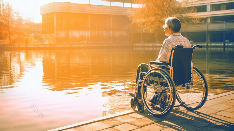 坐在轮椅上看夕阳的孤独的老人背影,高清,摄影图,摄影图片,图片大全,摄影图免费下载